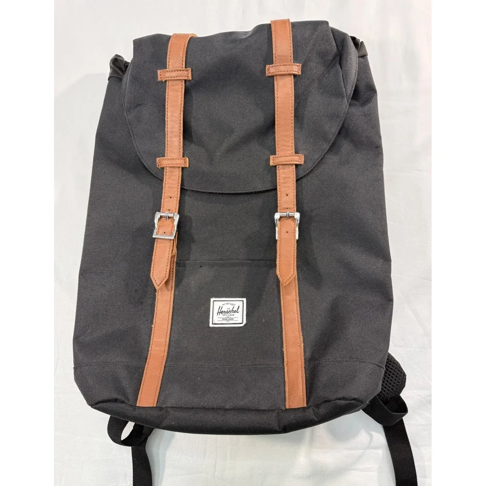 Herschel Supply Co Retreat Backpack Black Tan Straps Laptop Sleeve Rucksack